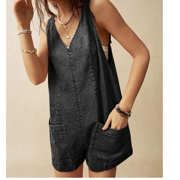 Mineral Wash Black Pockets Denim Jean Romper - Picture 4 of 7